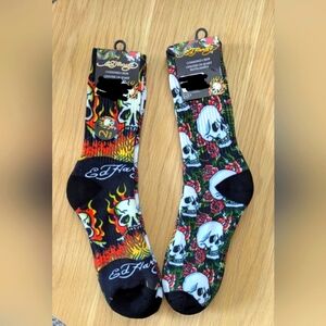 NWT Ed Hardy Cushioned Crew Socks - 2 Pair/Pack - 2 different Skull Prints/Pack